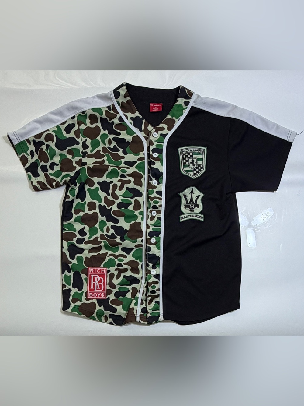 Victorious Men’s Medium M Camo Black Baseball Jersey Shirt Rich Boys Mastermind